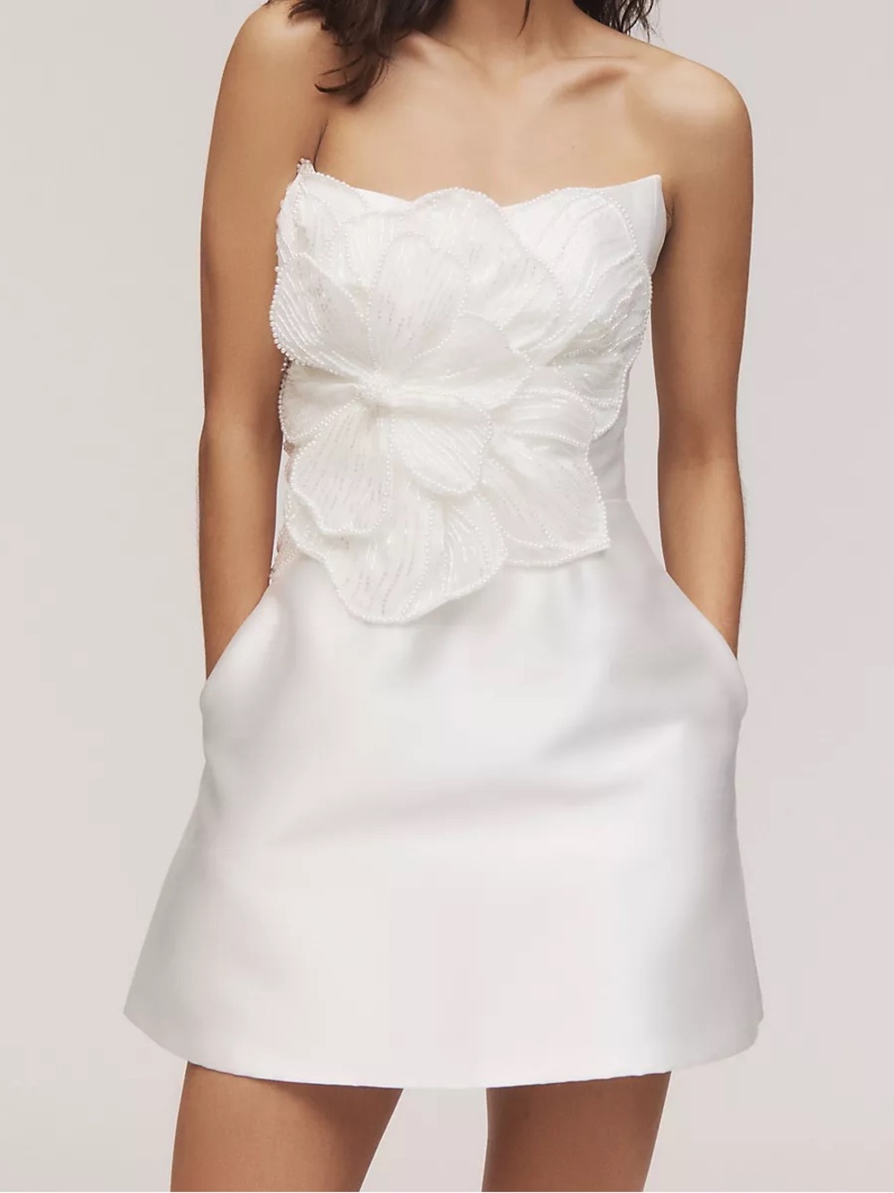 Watters Brie Ivory Strapless Satin Dress with Beaded Mini Dress Wedding Bride